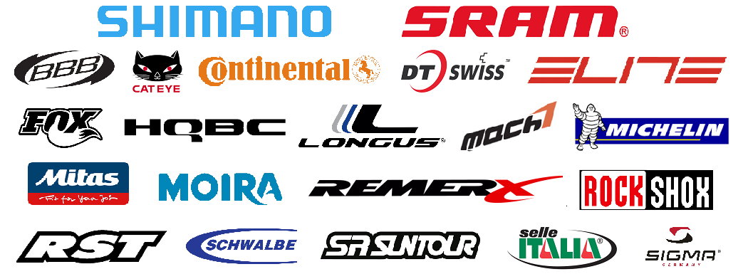 Shimano, Sram, Continetal, Schwalbe, Sigma, Cateye, Longus, RS Santour, RST, Fox, HQBC, DT Swiss, Elite, Selle Italia, Remerx, Mach 1, Moira